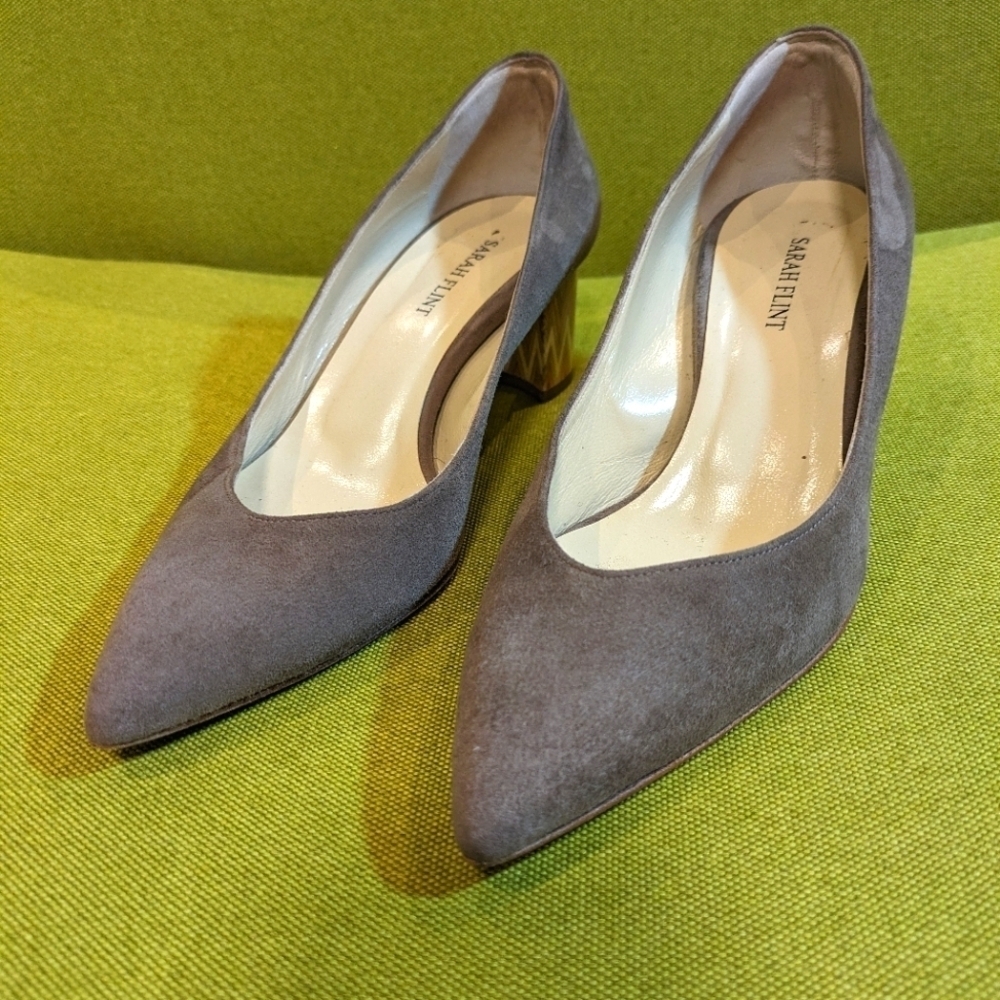 Sarah Flint Taupe Suede Pointed Toe Chevron Block Heel Pumps EU 38
